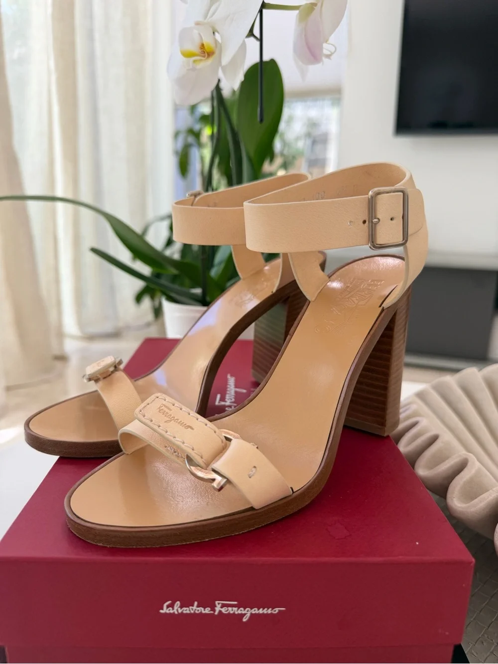 Salvatore Ferragamo Palba Butter Calf Leather Block Heel Sandals